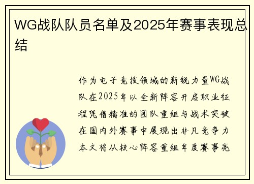 WG战队队员名单及2025年赛事表现总结