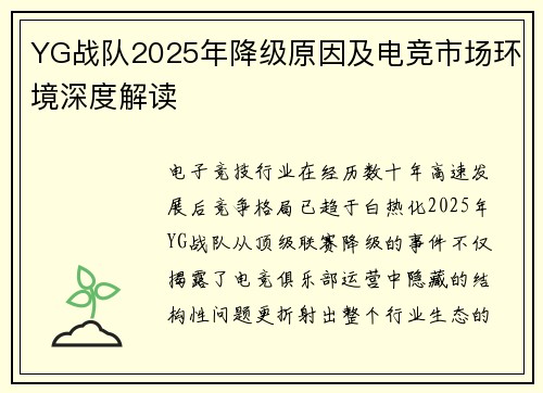 YG战队2025年降级原因及电竞市场环境深度解读
