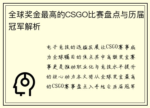 全球奖金最高的CSGO比赛盘点与历届冠军解析